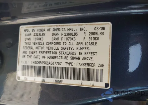 2006 Honda Accord 3.0 Ex from USA, damaged, VIN 1HGCM665X6A047757